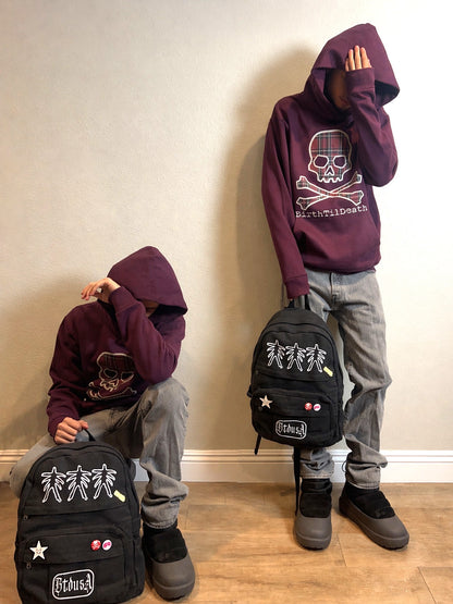 Plaid Skull Hoodie (Burgundy)